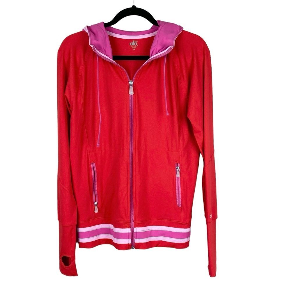 Alo Yoga Womens Red Hooded Jacket M Pink Stripe Trim Athletic Full Zip Athletic